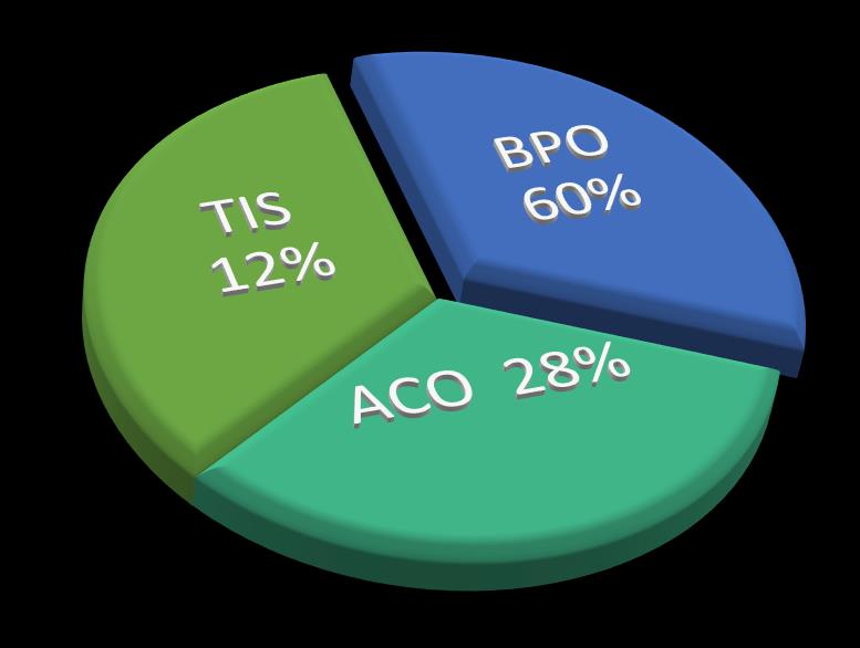 Services breakdown pie chart: BPO 60%, ACO 28%, TIS 12%